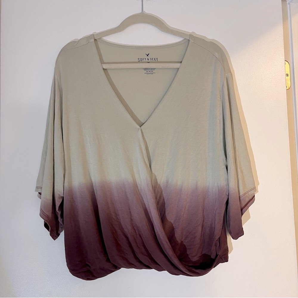 American Eagle Flowy Wrap Top Ombre Purple Beige Women’s Medium Soft and Sexy
